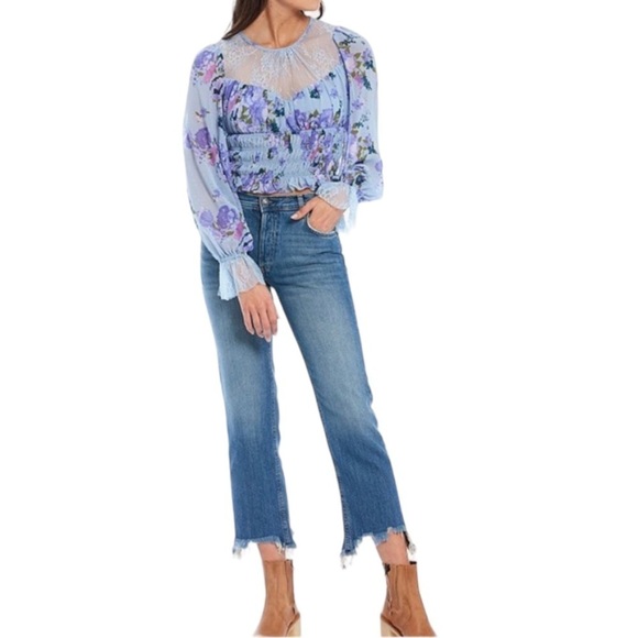 Nwot Free People Daphne Floral Print Lace Sheer Yoke Smocked Hem Blouse Size M - Picture 14 of 14